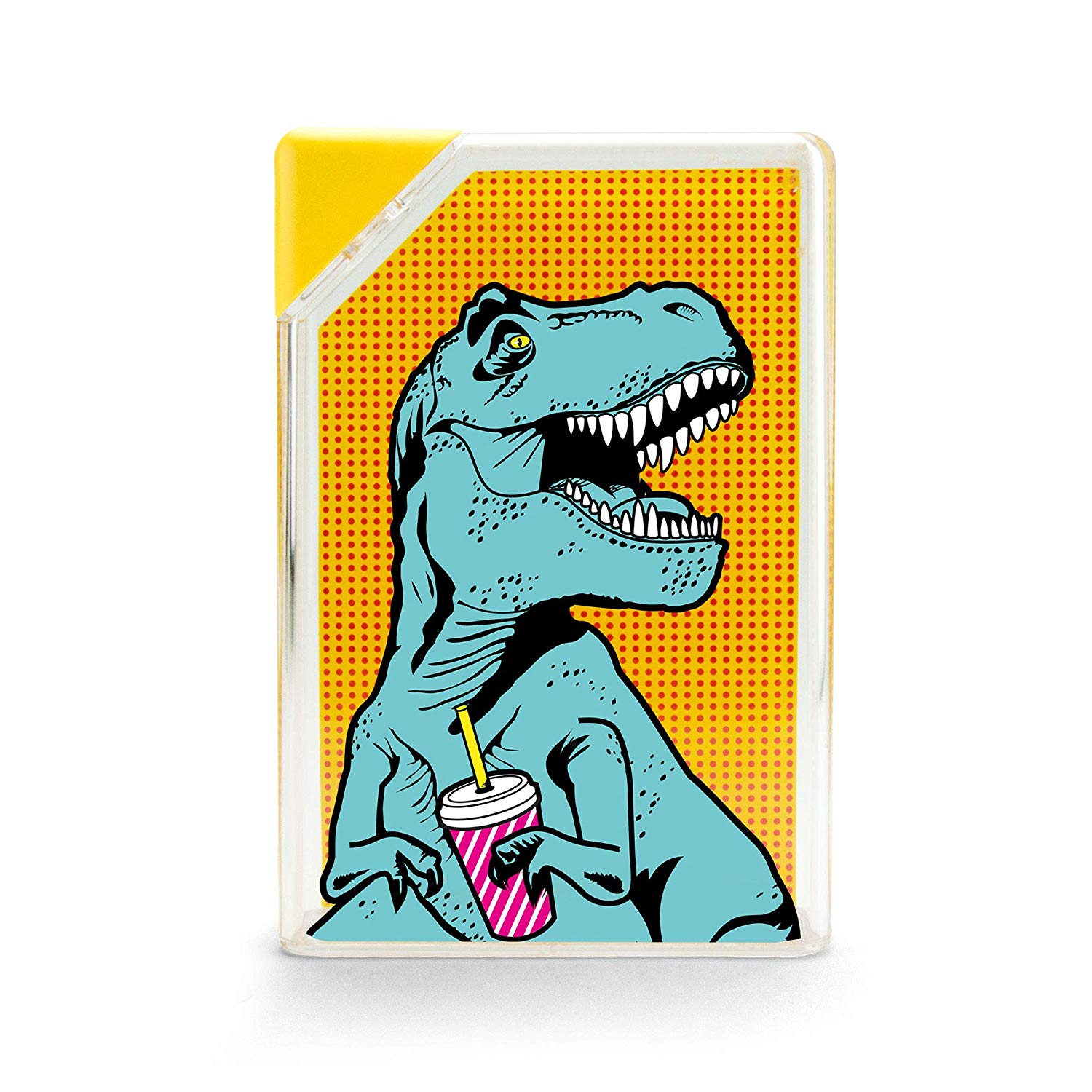 T-Rex Flask Style Pop Art Water Bottle with a vibrant T-Rex design, featuring a flat rectangular profile for easy carrying.