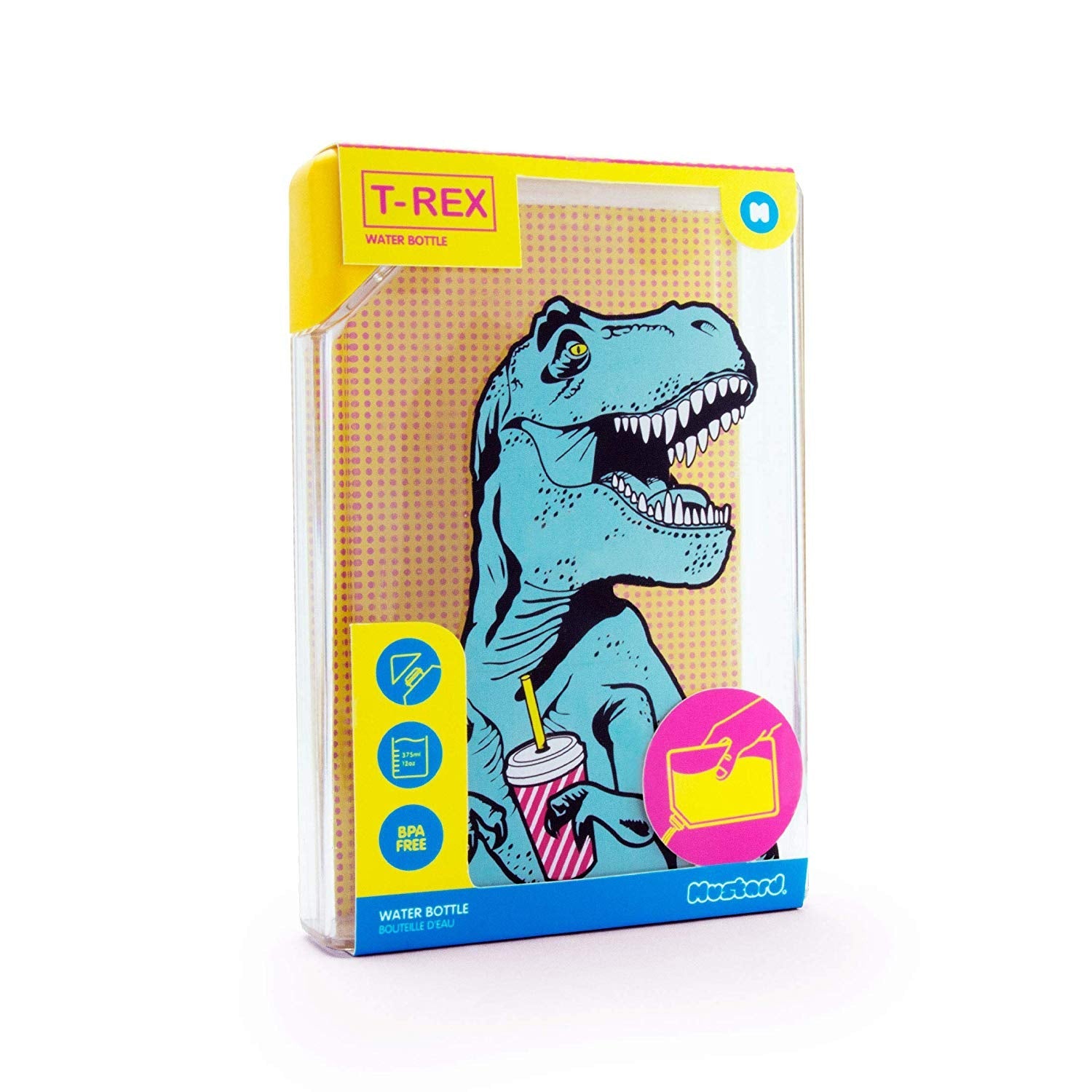 T-Rex Flask Style Pop Art Water Bottle with a vibrant T-Rex design, featuring a flat rectangular profile for easy carrying.