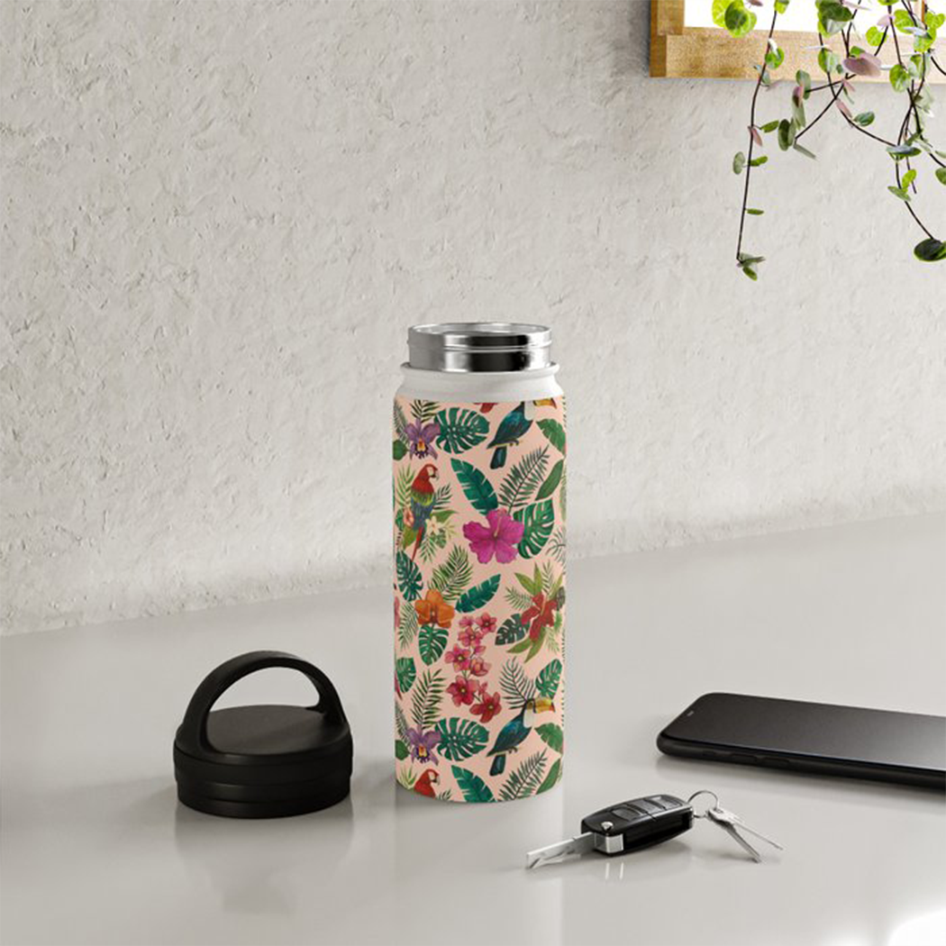 Tropical Bird Handle Lid Water Bottle in matte white stainless steel with vibrant tropical bird design.