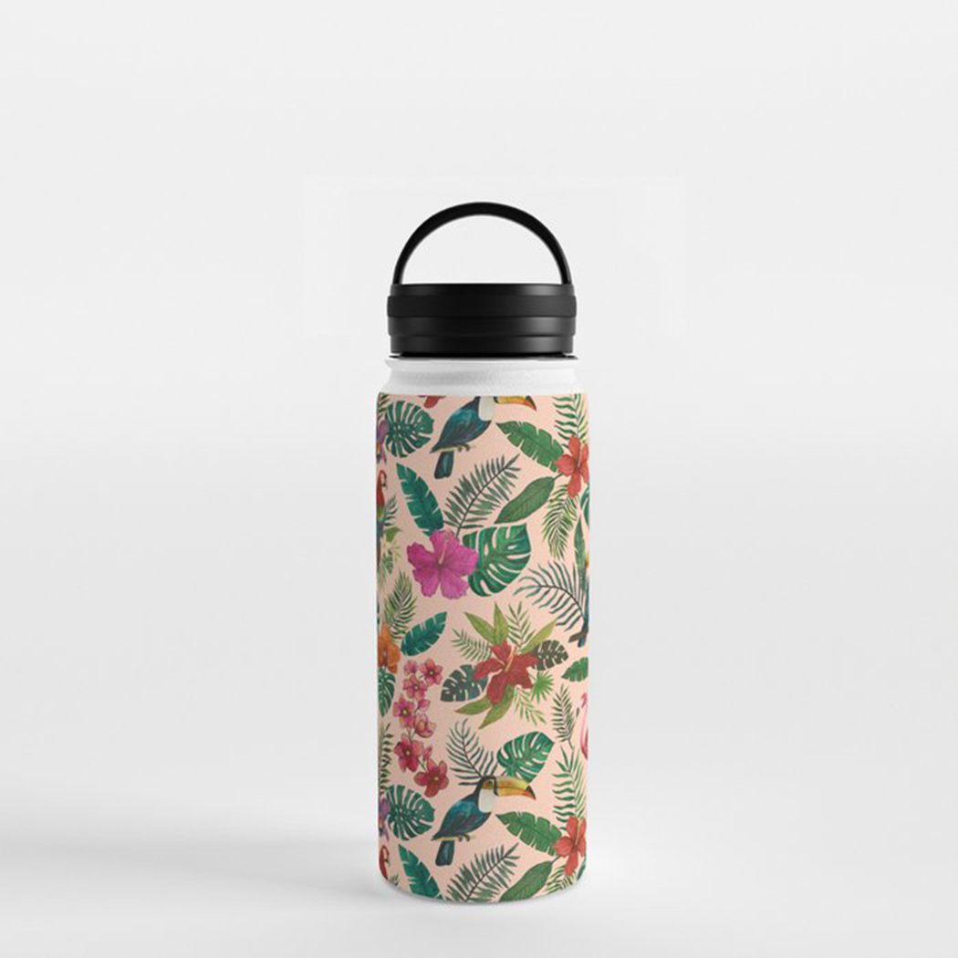 Tropical Bird Handle Lid Water Bottle in matte white stainless steel with vibrant tropical bird design.