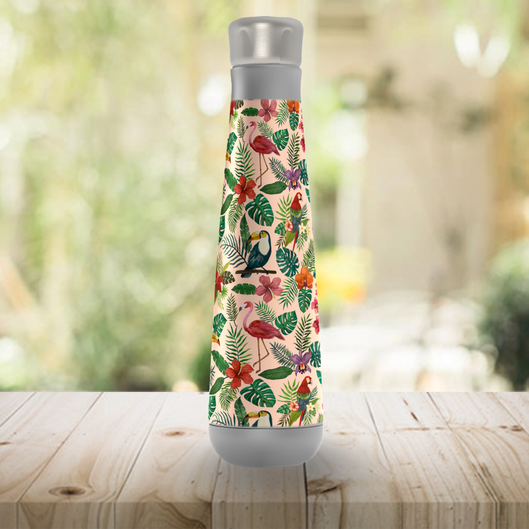 Tropical Bird Peristyle Water Bottle in stainless steel with vibrant tropical design, showcasing its sleek and stylish appearance.