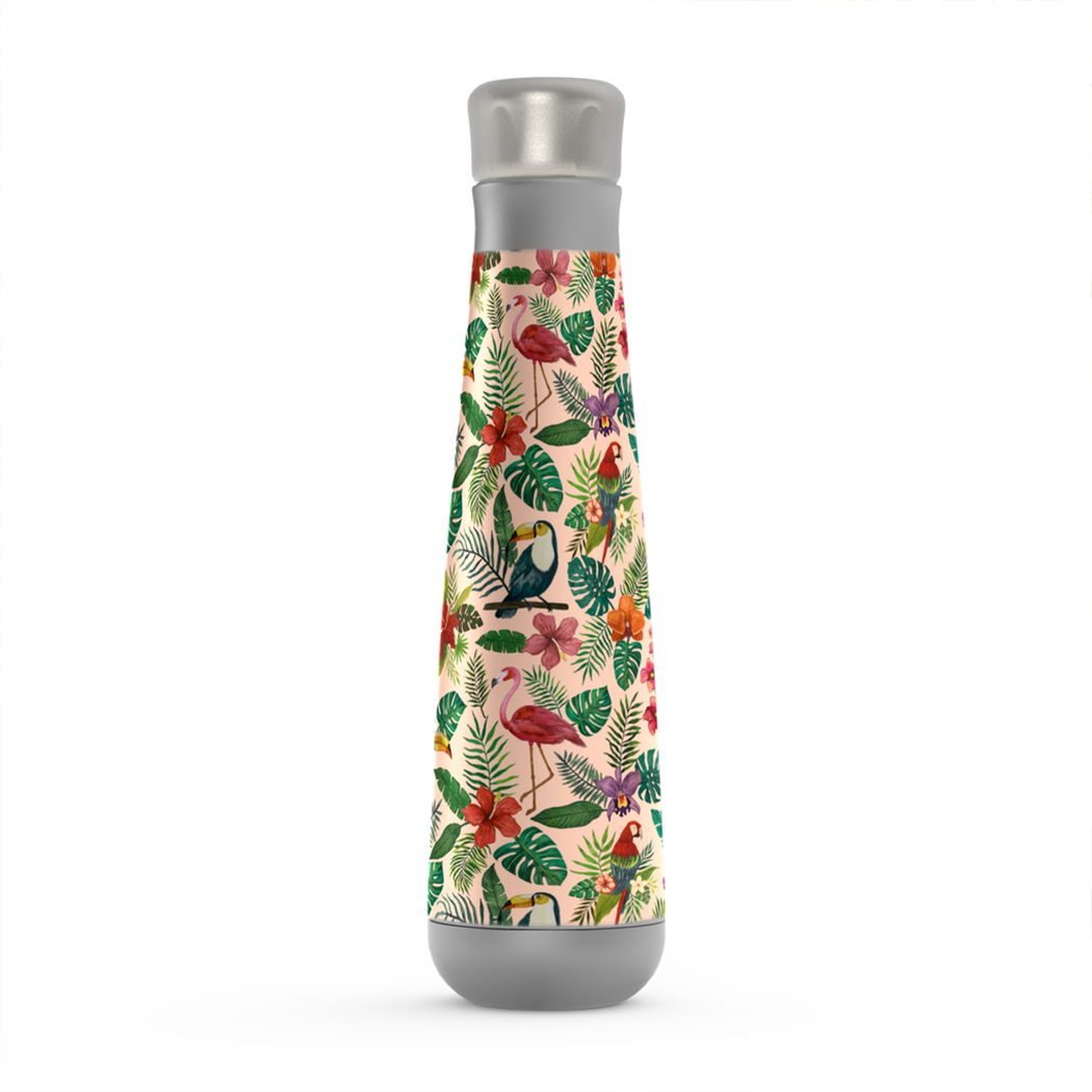 Tropical Bird Peristyle Water Bottle in stainless steel with vibrant tropical design, showcasing its sleek and stylish appearance.