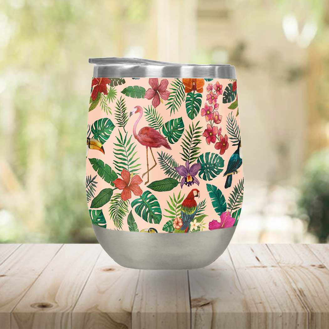 A colorful Tropical Bird Wine Tumbler made of stainless steel, featuring a vibrant tropical bird design, perfect for outdoor use.