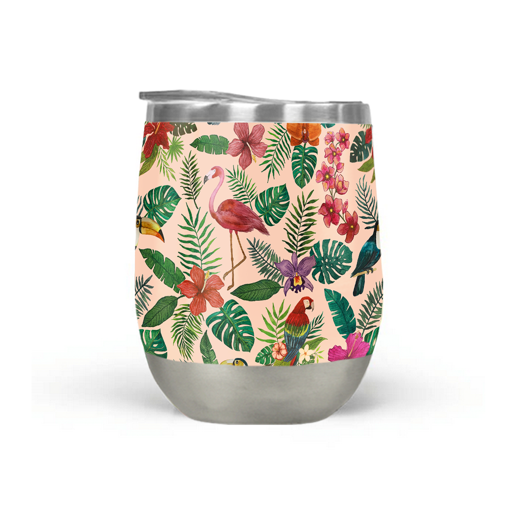 A colorful Tropical Bird Wine Tumbler made of stainless steel, featuring a vibrant tropical bird design, perfect for outdoor use.