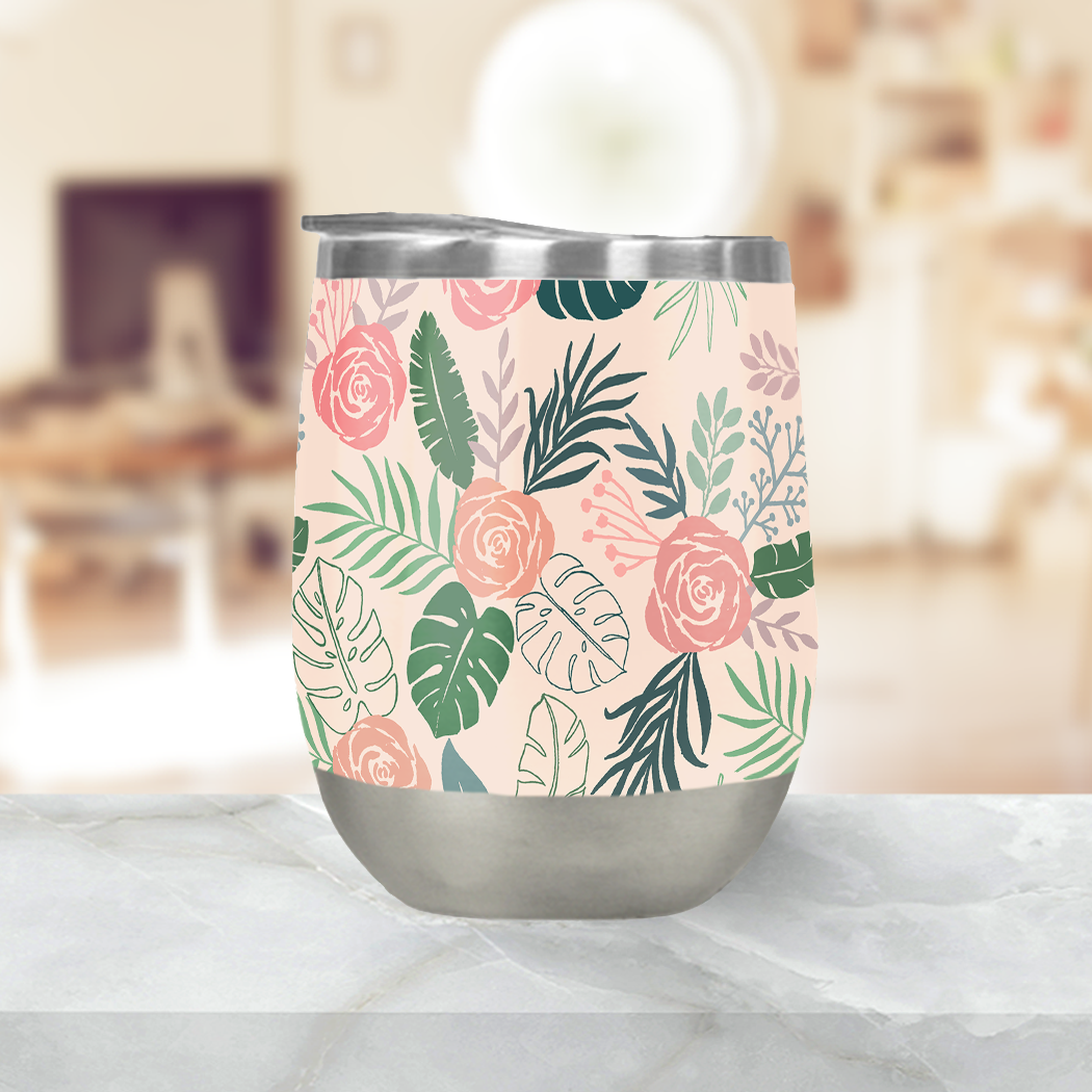 Tropical Floral Stemless Wine Tumbler featuring vibrant floral design and stainless steel construction.