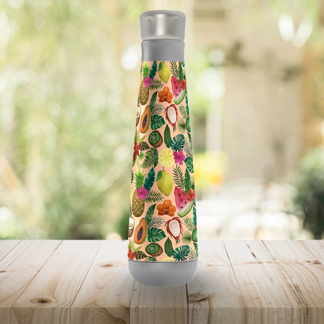 Tropical Fruit and Flowers Peristyle Water Bottle showcasing vibrant tropical design and stainless steel finish.