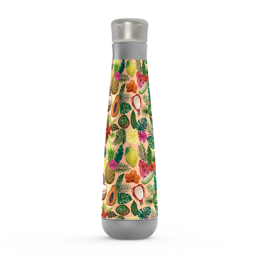 Tropical Fruit and Flowers Peristyle Water Bottle showcasing vibrant tropical design and stainless steel finish.
