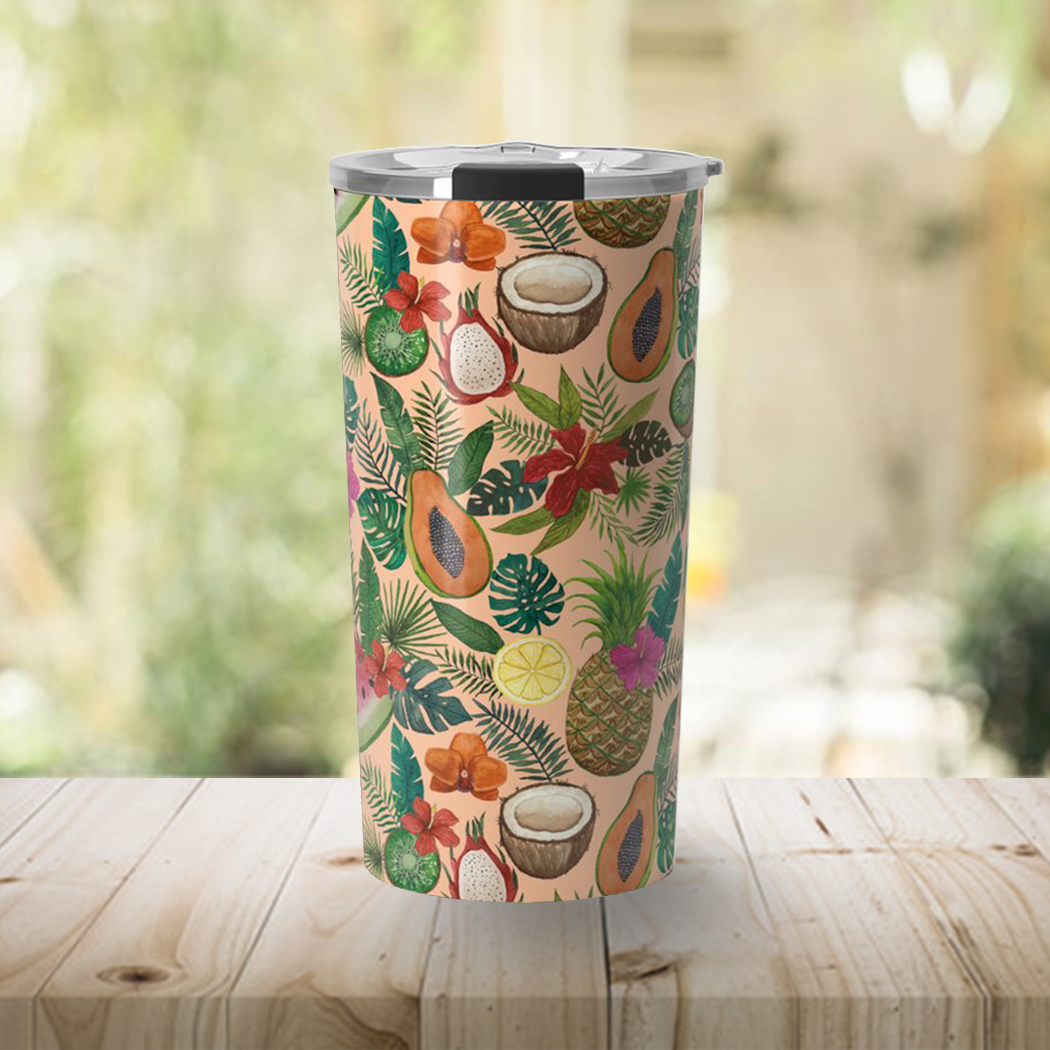 A vibrant Tropical Fruit and Flowers Travel Mug made of stainless steel, featuring a colorful wraparound design and a secure vacuum-sealed lid.