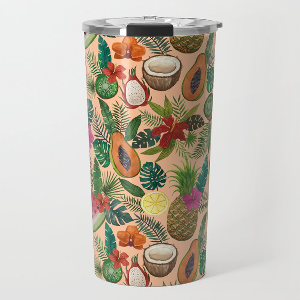 A vibrant Tropical Fruit and Flowers Travel Mug made of stainless steel, featuring a colorful wraparound design and a secure vacuum-sealed lid.
