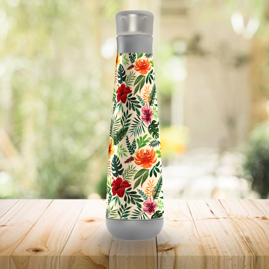 Tropical Watercolor Floral Peristyle Water Bottle showcasing vibrant floral design and stainless steel construction.