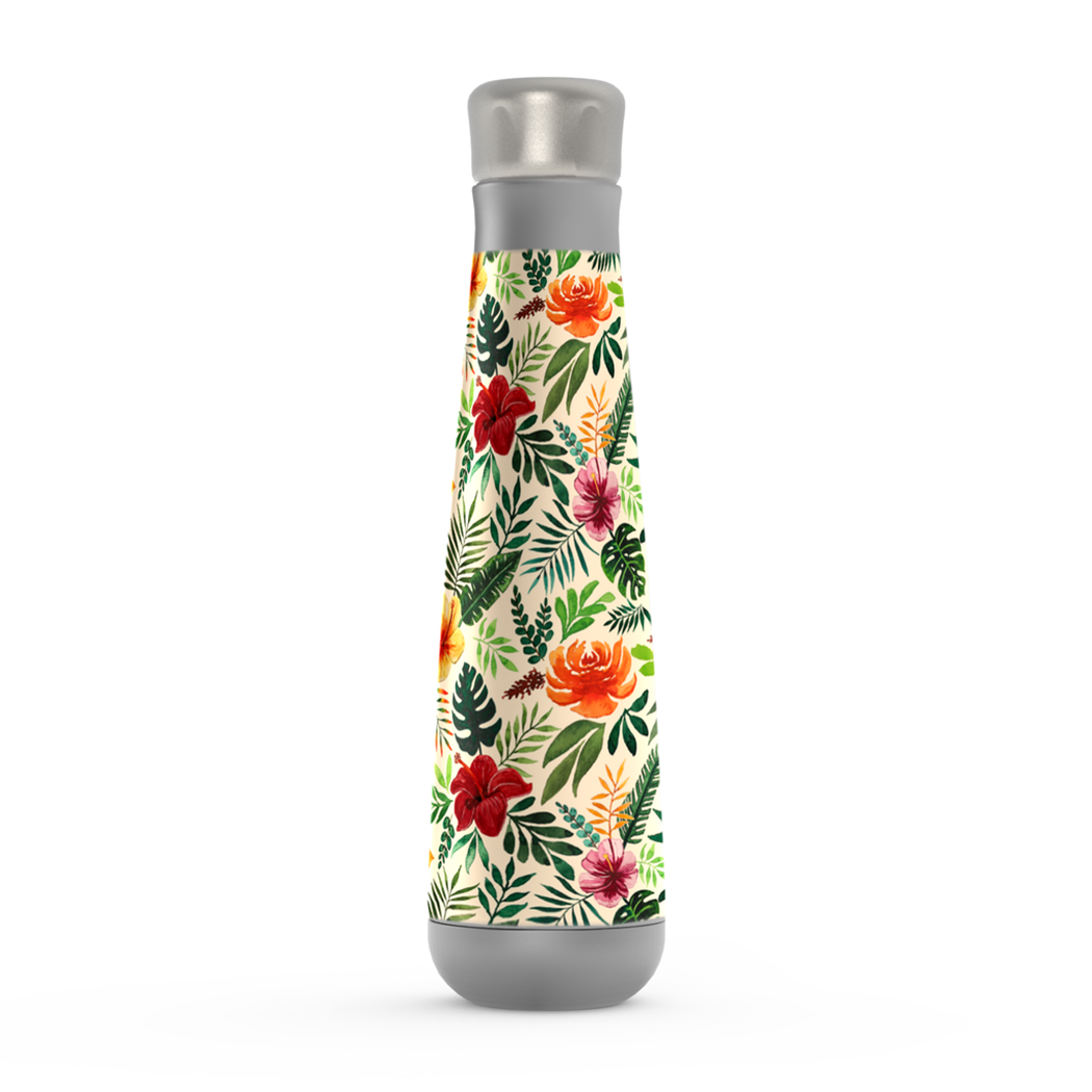 Tropical Watercolor Floral Peristyle Water Bottle showcasing vibrant floral design and stainless steel construction.