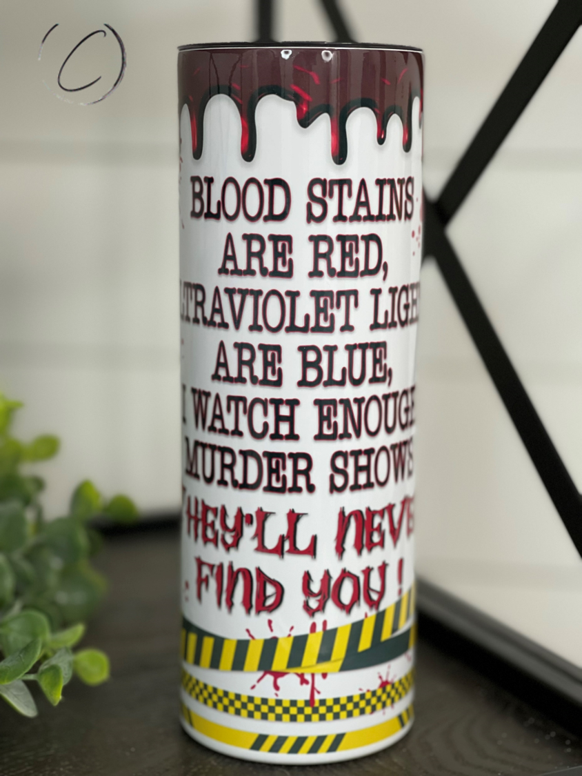 True Crime Valentine 20oz Skinny Tumbler featuring a unique design, reusable straw, and durable construction.