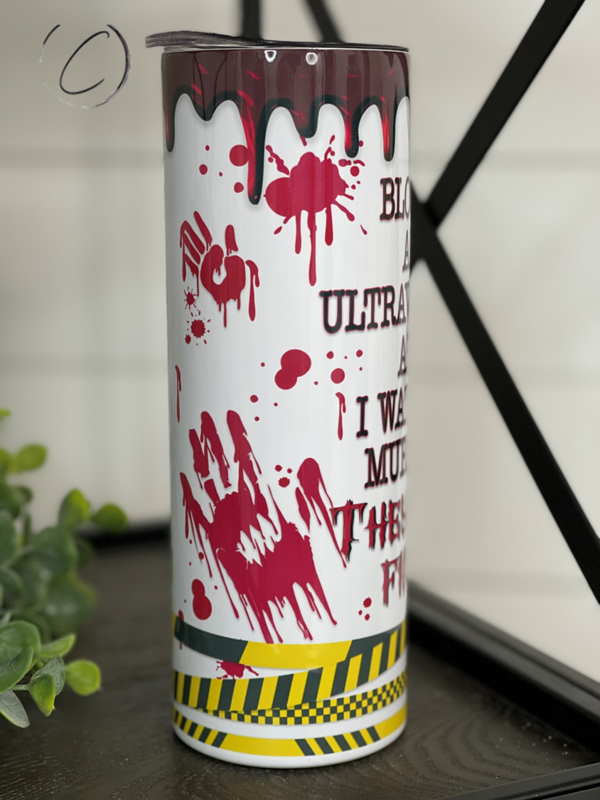 True Crime Valentine 20oz Skinny Tumbler featuring a unique design, reusable straw, and durable construction.