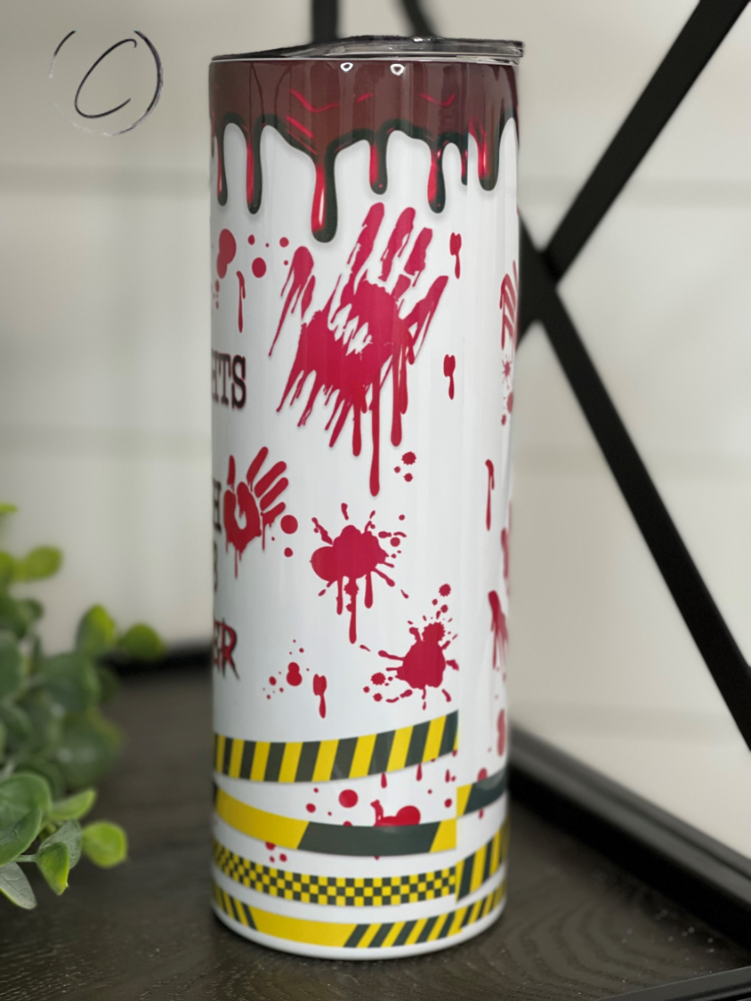 True Crime Valentine 20oz Skinny Tumbler featuring a unique design, reusable straw, and durable construction.