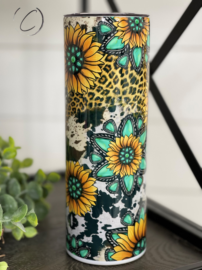Turquoise Sunflower 20oz Skinny Tumbler with a vibrant sunflower design, perfect for hot and cold beverages.