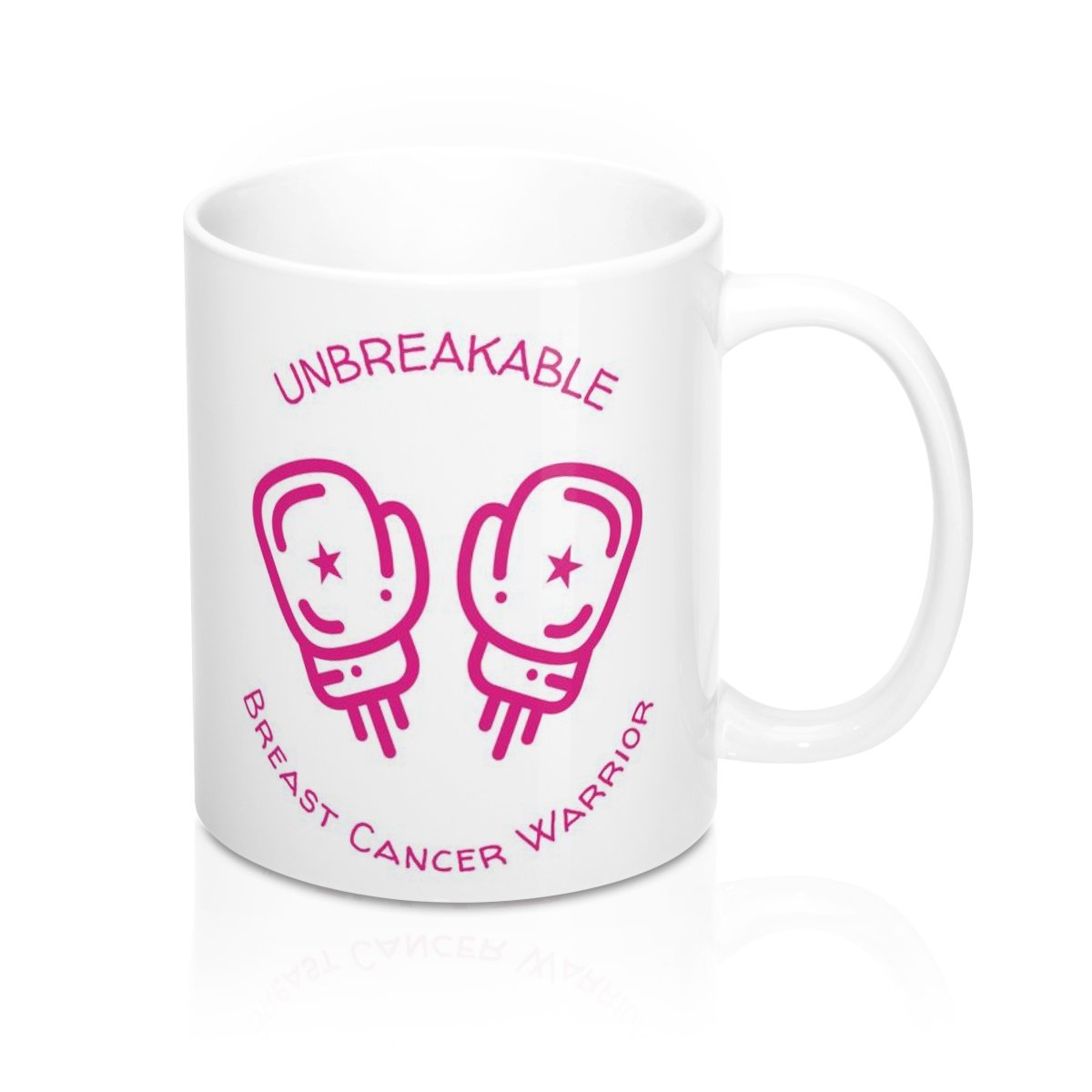 Unbreakable Breast Cancer Survivor Mug, 11oz white ceramic with rounded corners and C-handle, perfect for hot beverages.