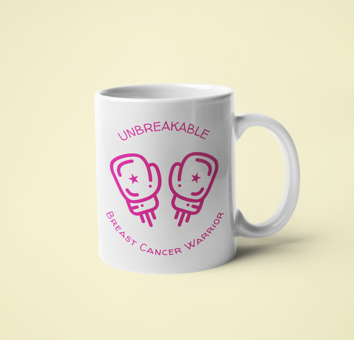 Unbreakable Breast Cancer Survivor Mug, 11oz white ceramic with rounded corners and C-handle, perfect for hot beverages.