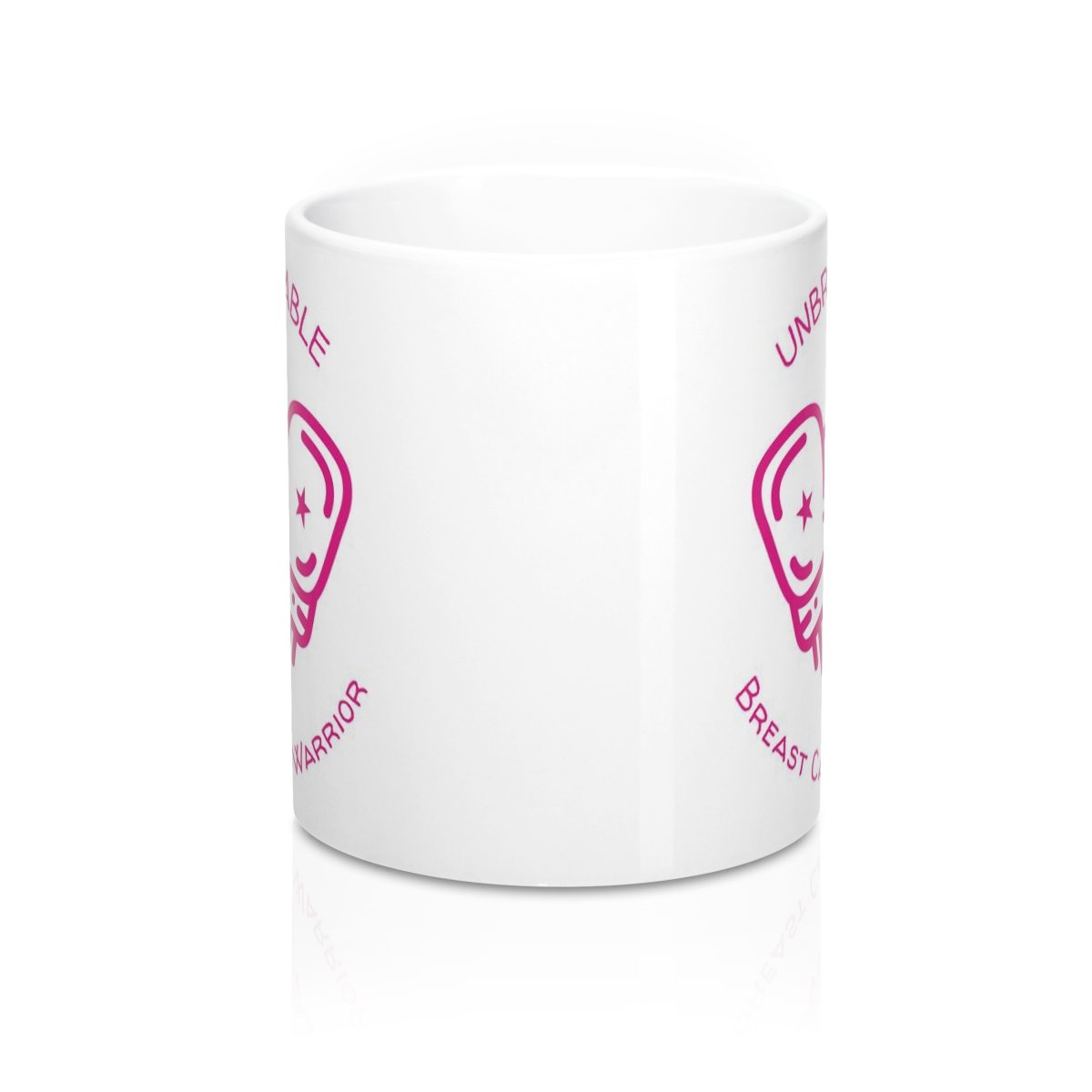 Unbreakable Breast Cancer Survivor Mug, 11oz white ceramic with rounded corners and C-handle, perfect for hot beverages.