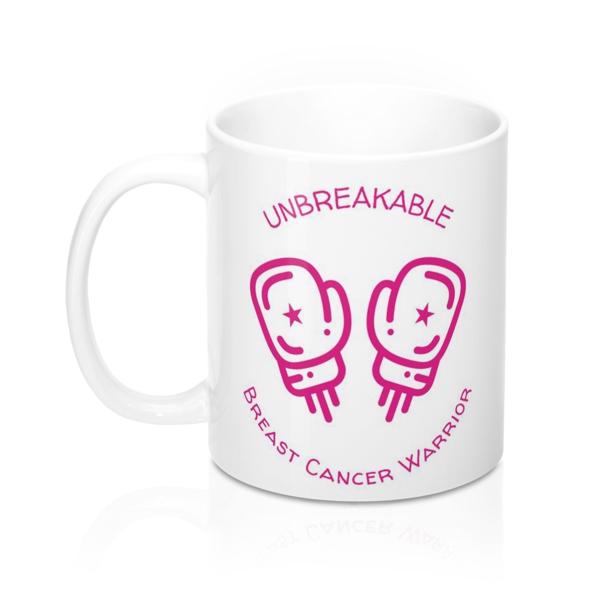 Unbreakable Breast Cancer Survivor Mug, 11oz white ceramic with rounded corners and C-handle, perfect for hot beverages.