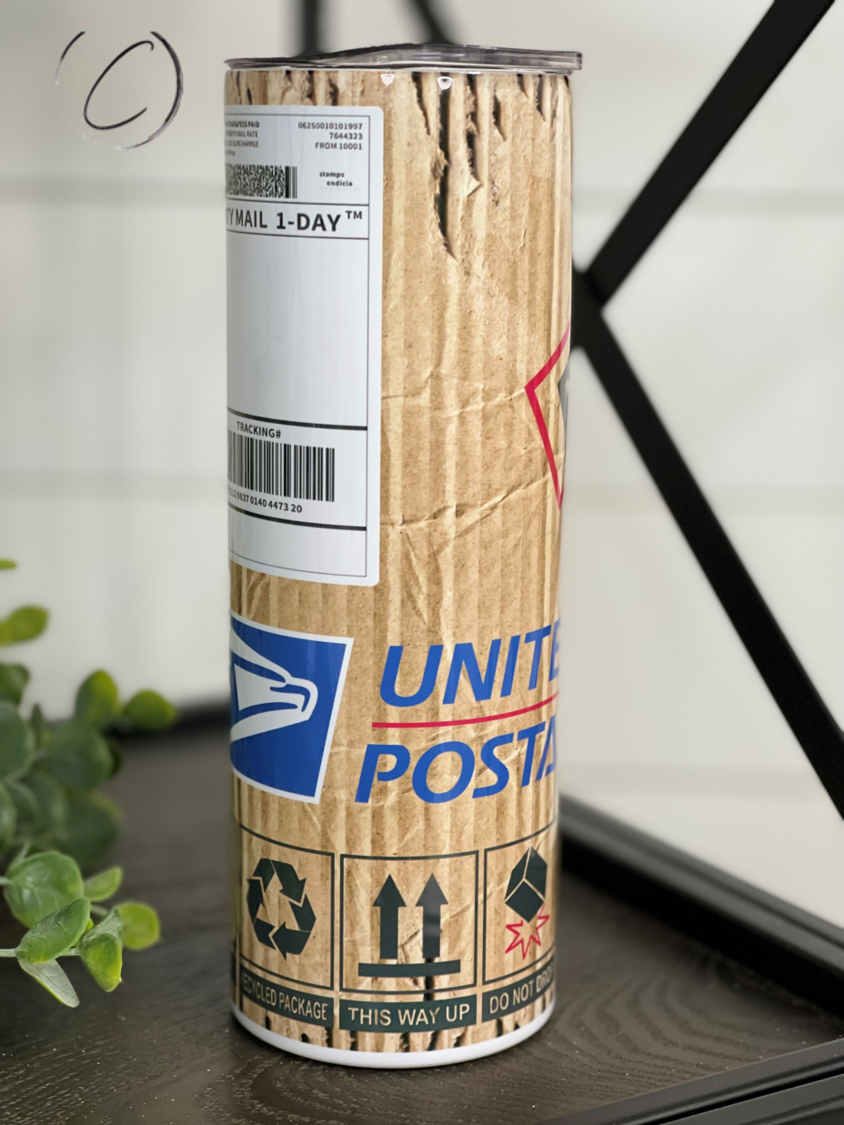 USPS Priority Package 20oz Skinny Tumbler with a vibrant full wrap design, featuring a reusable straw and insulated construction.