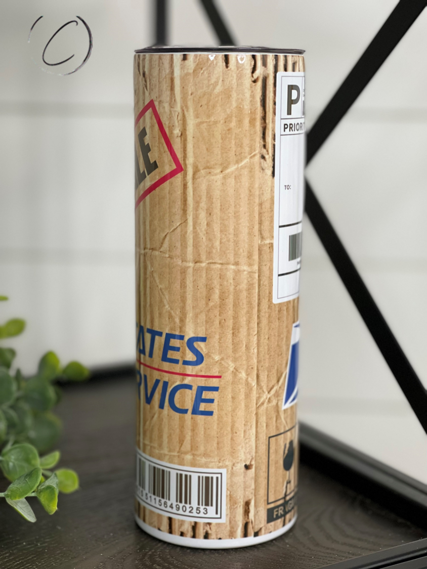 USPS Priority Package 20oz Skinny Tumbler with a vibrant full wrap design, featuring a reusable straw and insulated construction.