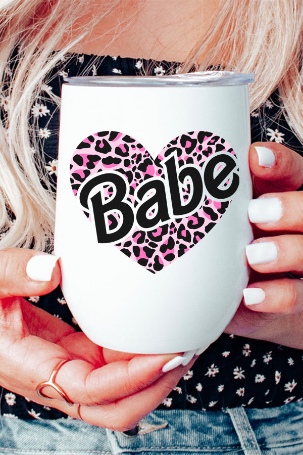 Valentine's Day Babe Leopard Heart Wine Cup featuring a vibrant leopard heart design, stainless steel construction, and a lid with a straw.