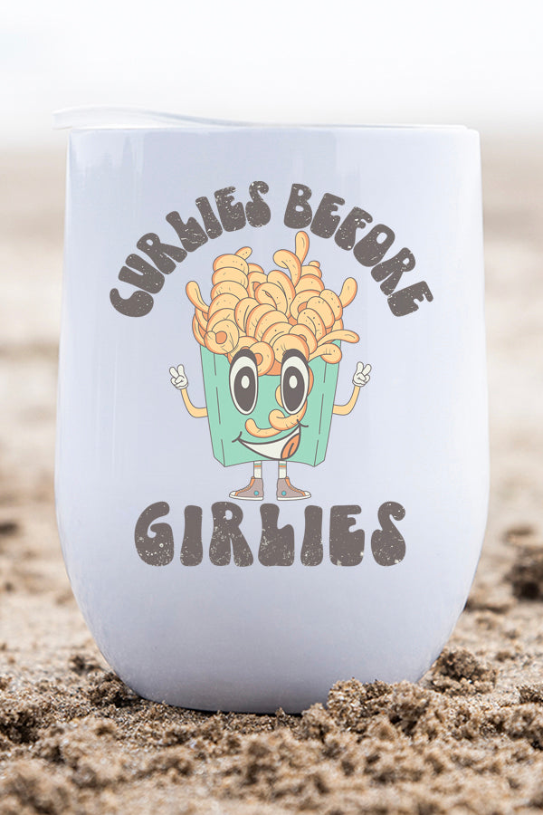 Valentine's Day Curlies Before Girlies Wine Cup Tumbler with a vibrant design, stainless steel material, and included lid and straw.