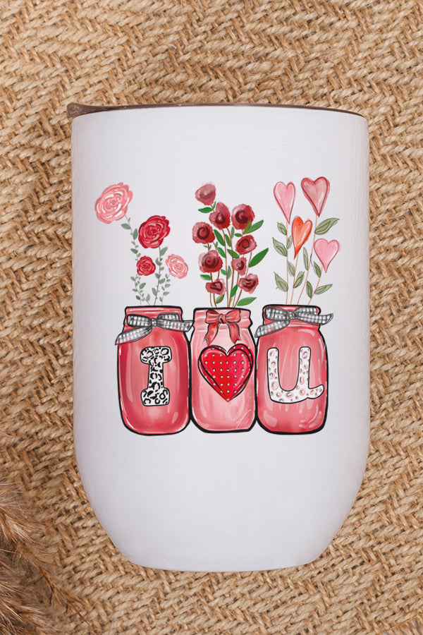 Valentine's Day I Heart You Jars Wine Cup Tumbler with vibrant design, stainless steel construction, and included lid and straw.