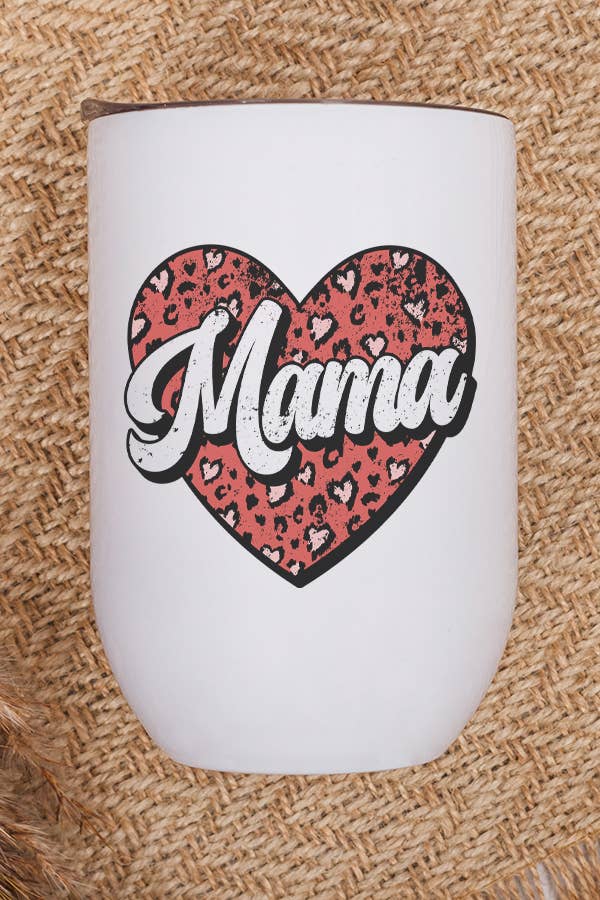 Valentine's Day Mama Red Heart Wine Cup Tumbler with a vibrant red heart design, stainless steel body, and included lid and straw.