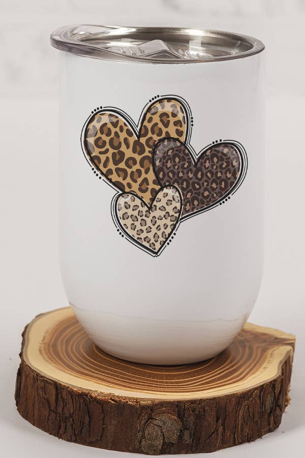 Valentine's Day Wine Cup with 3 leopard hearts design, stainless steel, includes lid and straw, perfect for wine lovers.