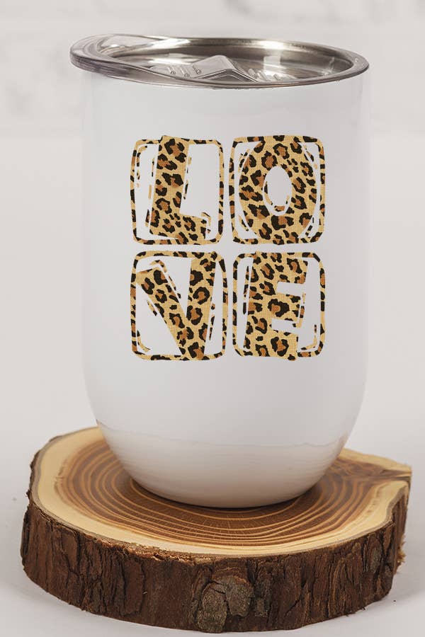 A stylish 12 oz stainless steel wine tumbler featuring a leopard love design, complete with a lid and plastic straw.