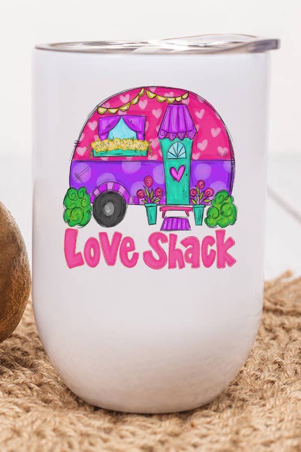 Valentine's Day Wine Cup Love Shack Camper Tumbler with lid and straw, featuring a fun design printed on both sides.