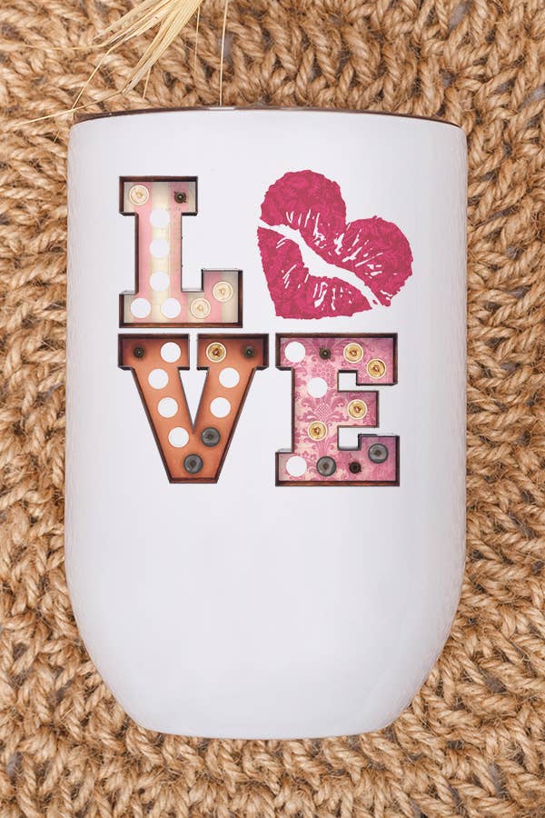 A pink heart design stainless steel wine tumbler with a lid and straw, perfect for Valentine's Day gifts.