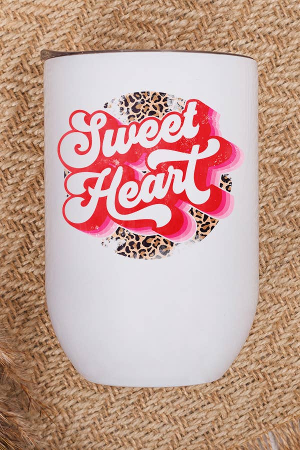 A stylish 12 oz stainless steel wine tumbler with a sweet heart leopard design, featuring a lid and plastic straw, perfect for Valentine's Day gifts.