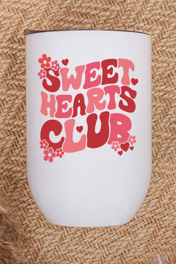 Valentine's Day Wine Cup featuring a festive hearts design, stainless steel construction, and a lid with a straw.