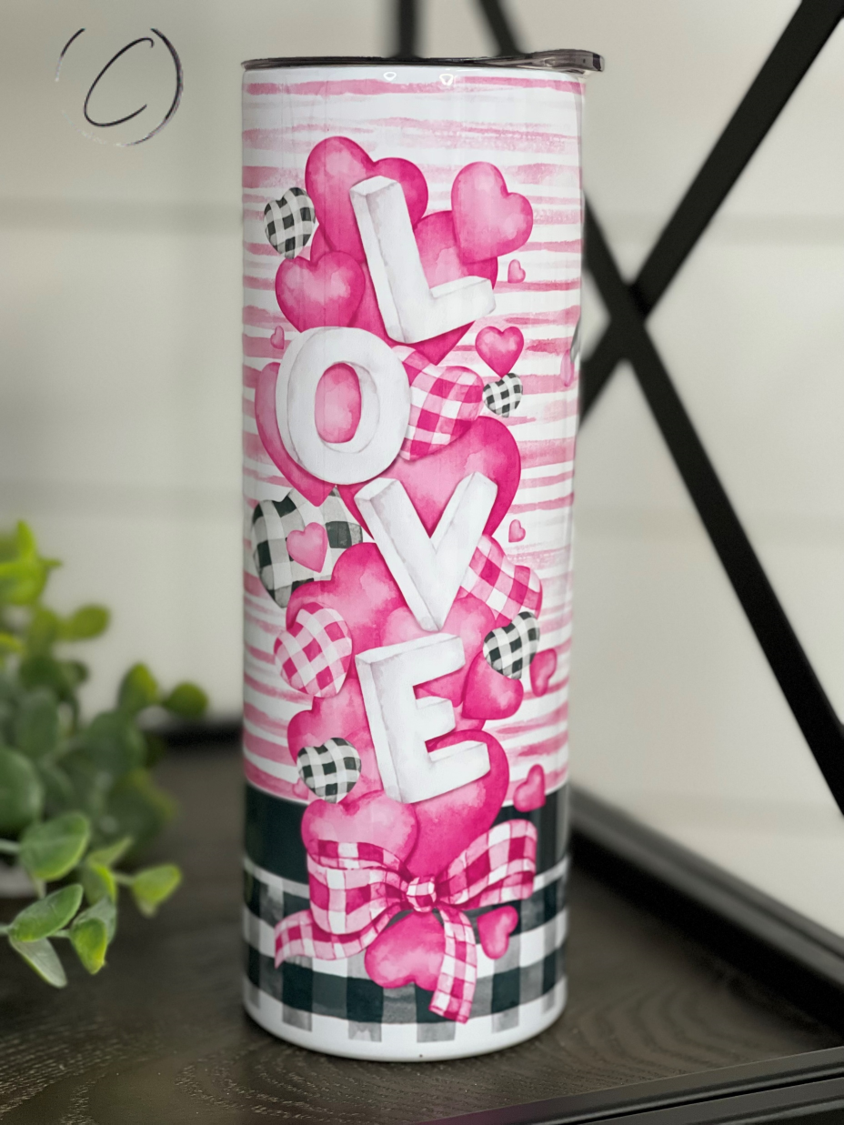 Valentines Gnomes 20oz Skinny Tumbler featuring a charming gnome design, perfect for Valentine's Day.