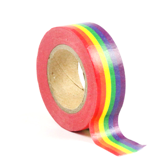 Vivid Rainbow Stripe Washi Tape roll with colorful stripes, perfect for gift wrapping and crafting.