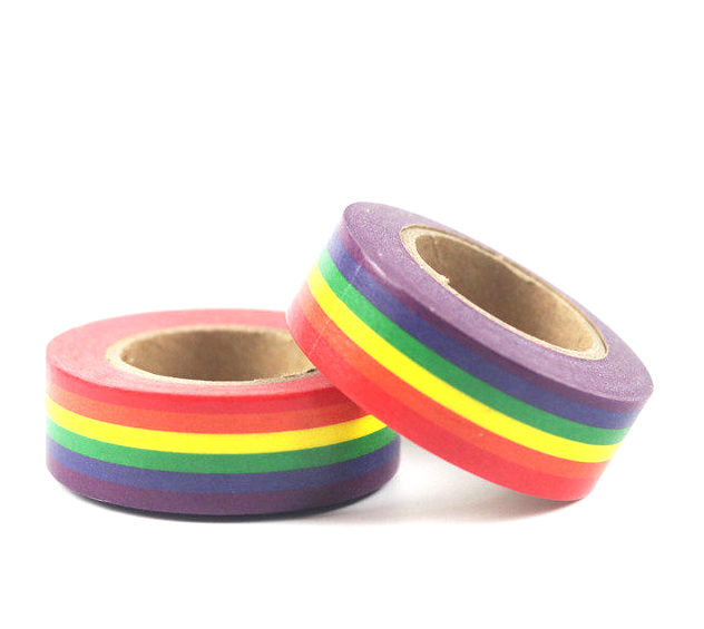 Vivid Rainbow Stripe Washi Tape roll with colorful stripes, perfect for gift wrapping and crafting.