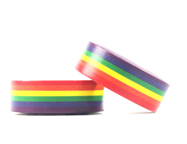 Vivid Rainbow Stripe Washi Tape roll with colorful stripes, perfect for gift wrapping and crafting.