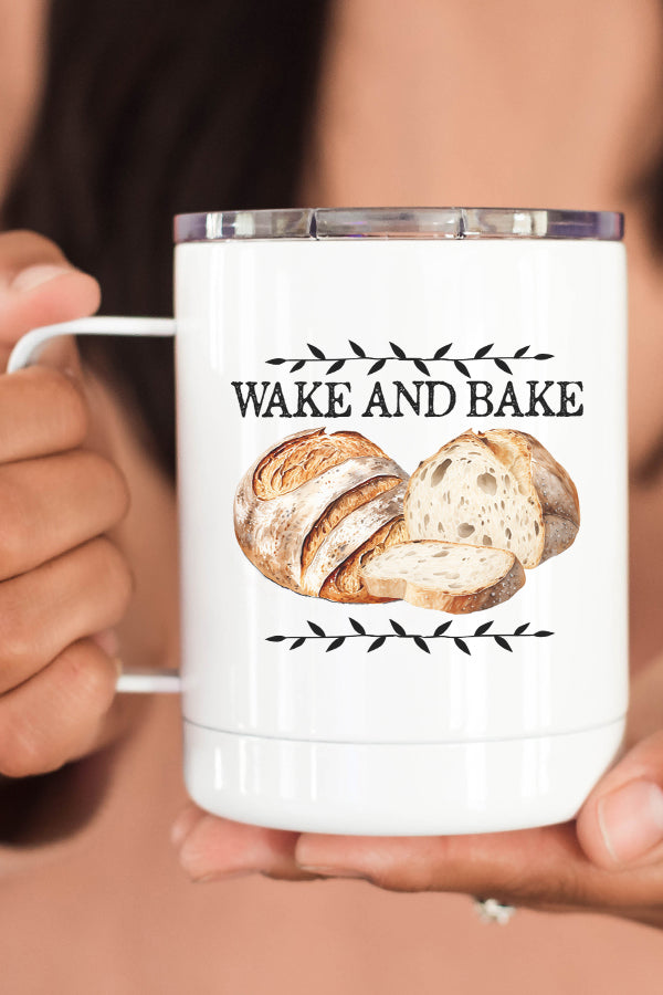 Wake and Bake Stainless Steel Coffee Travel Cup with double wall insulation and vibrant design printed on both sides.