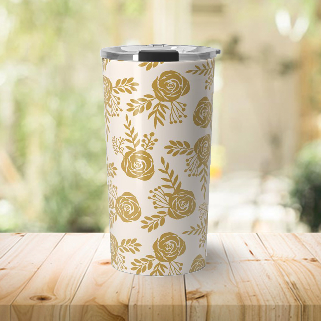 Warm Gold Floral Travel Coffee Mug with double-wall insulation and floral design, perfect for hot or cold beverages.