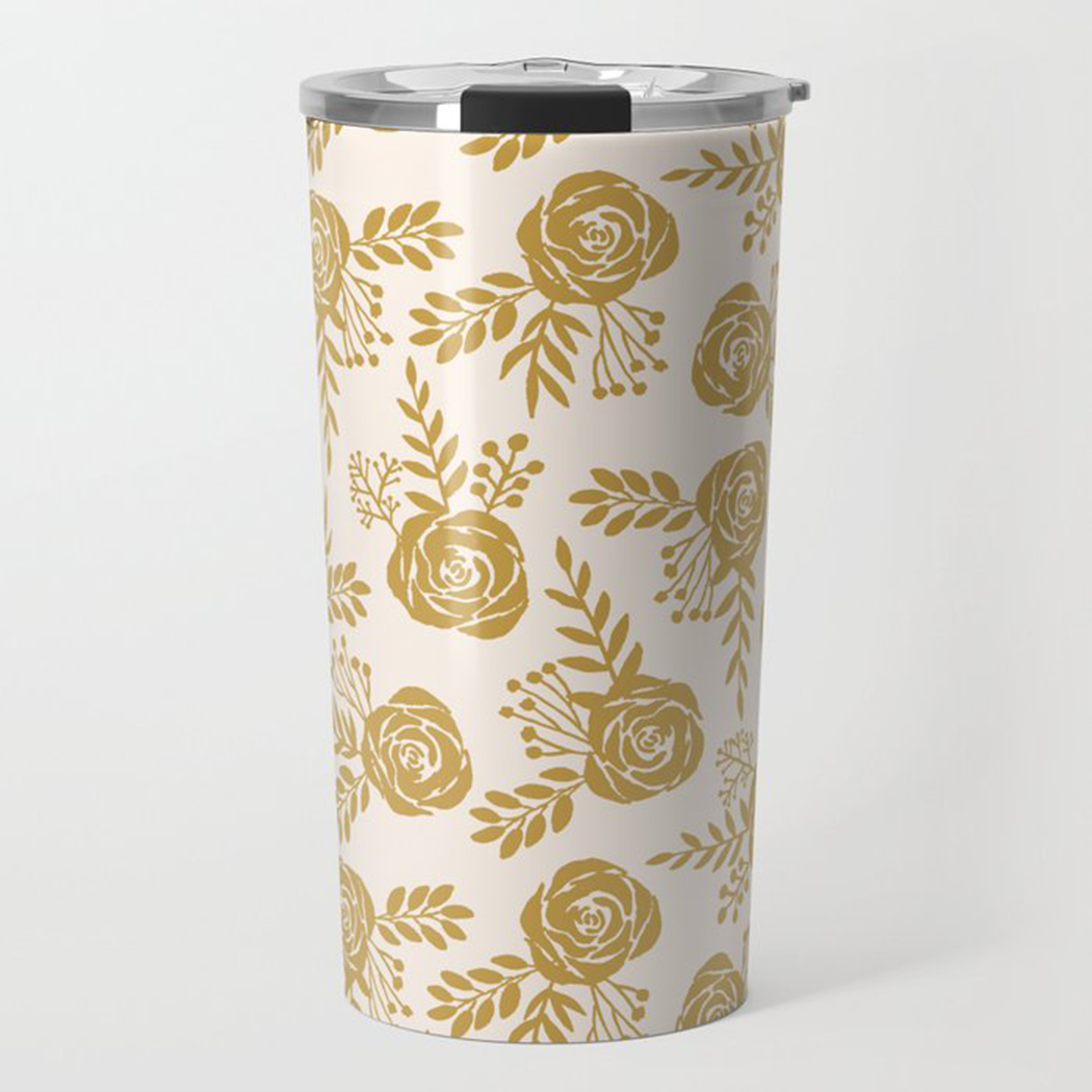 Warm Gold Floral Travel Coffee Mug with double-wall insulation and floral design, perfect for hot or cold beverages.