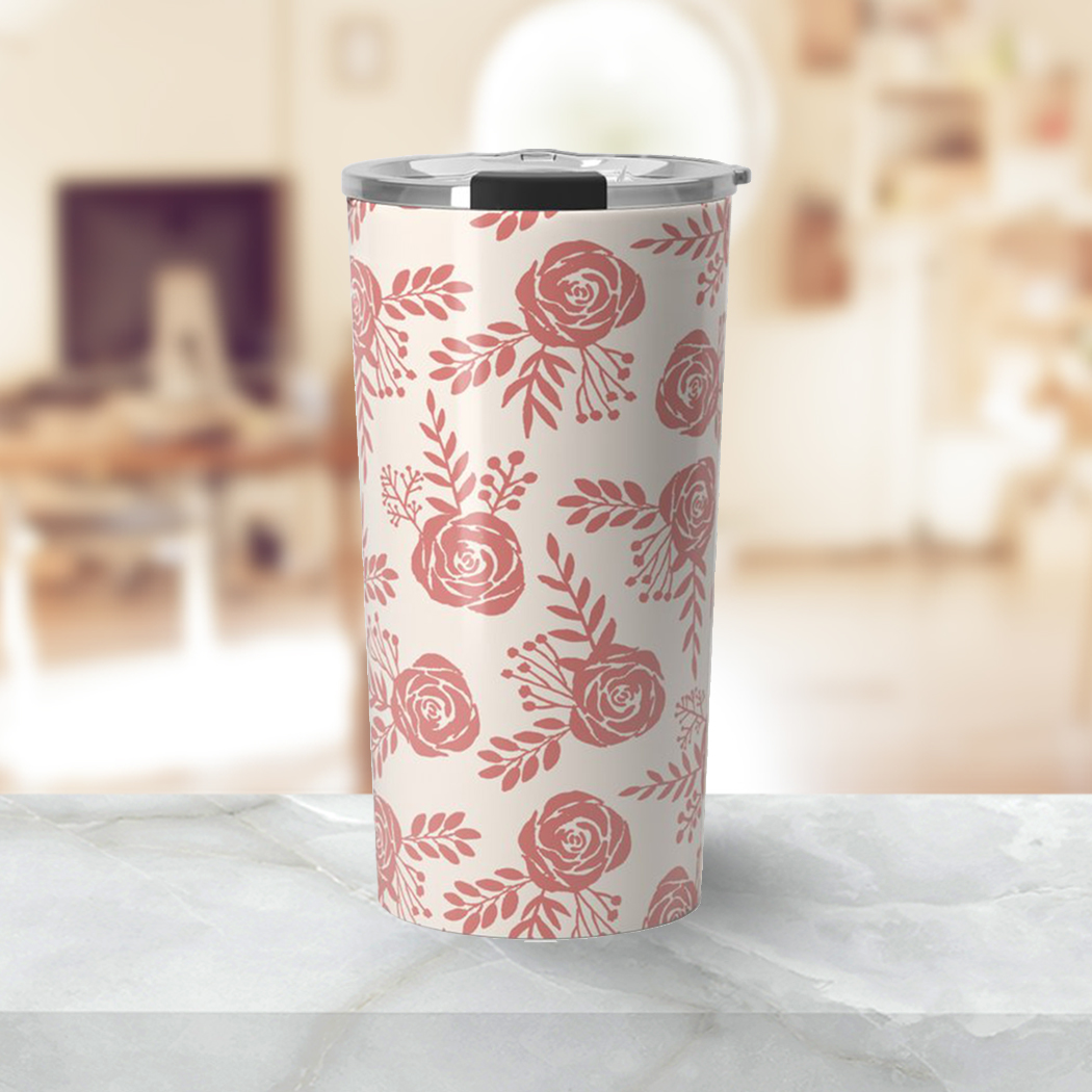 Warm Pink Floral Travel Coffee Mug with double-wall insulation and floral design, perfect for hot or cold beverages.