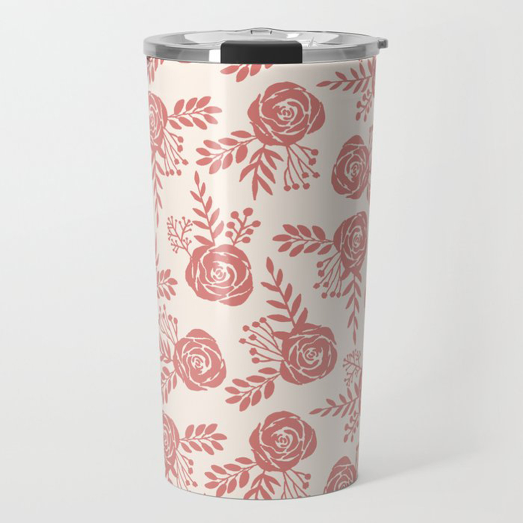 Warm Pink Floral Travel Coffee Mug with double-wall insulation and floral design, perfect for hot or cold beverages.