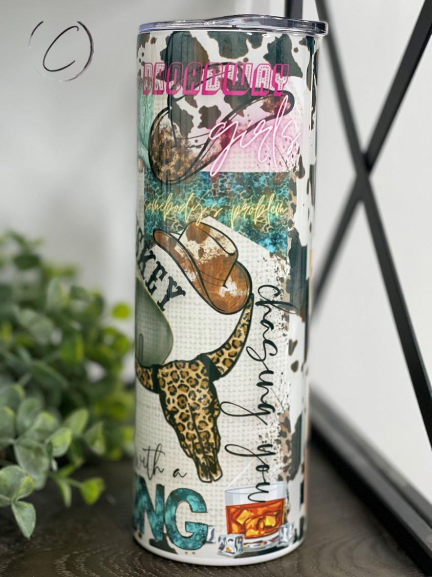 Wasted On You 20oz Skinny Tumbler featuring a vibrant full wrap design, reusable straw, and sleek insulated body.