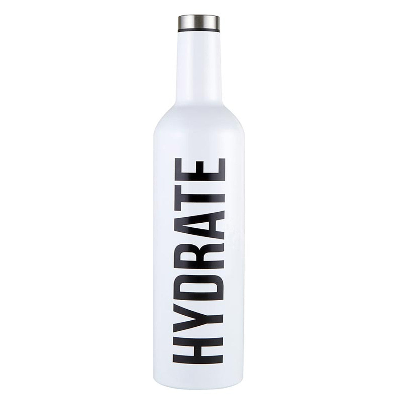 Two stainless steel bottles from the Water Into Wine 2 Bottle Set, each holding a full bottle of wine, stylishly designed with a black 'Hydrate' print.