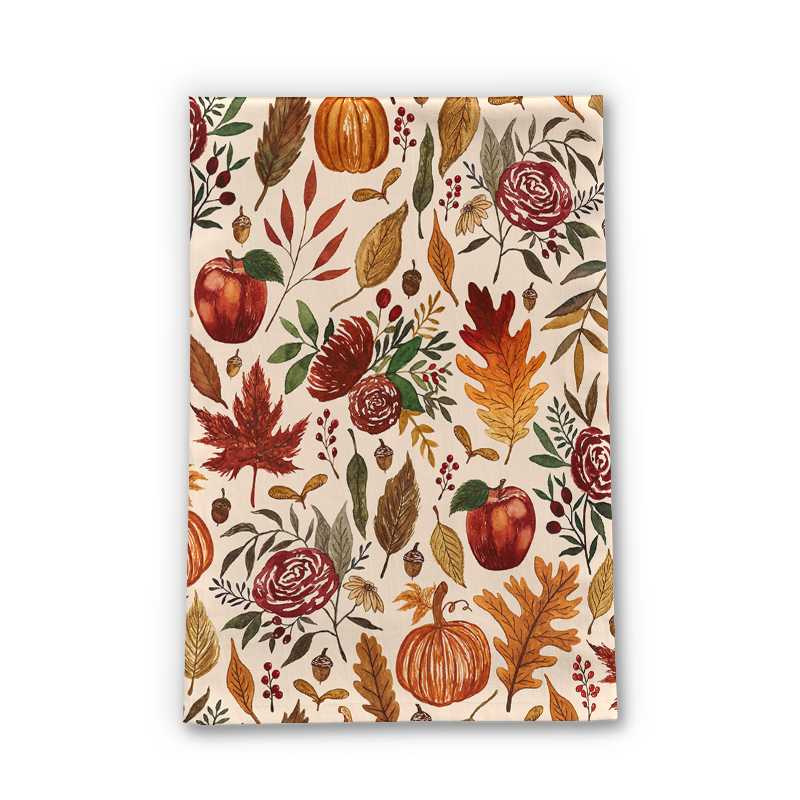 A beautifully designed tea towel featuring watercolor pumpkins, leaves, and berries, made from durable cotton twill.