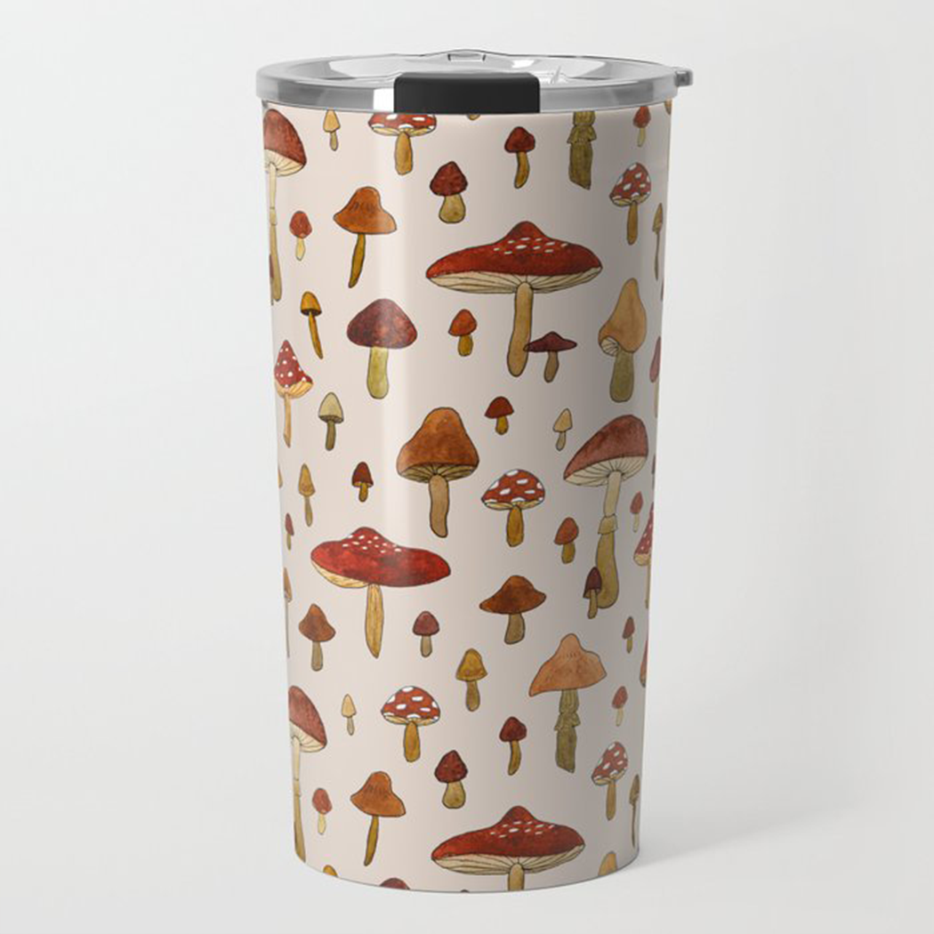 A stylish Watercolor Mushroom Travel Mug made of stainless steel with a vibrant mushroom design, perfect for hot and cold beverages.