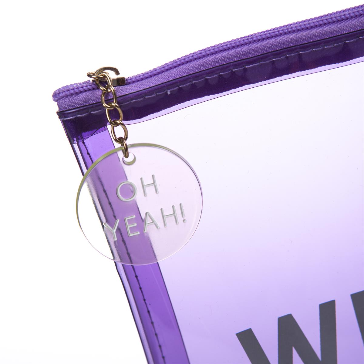 Set of two lavender transparent zipper pouches, one large and one small, featuring gold zippers and acrylic pulls.