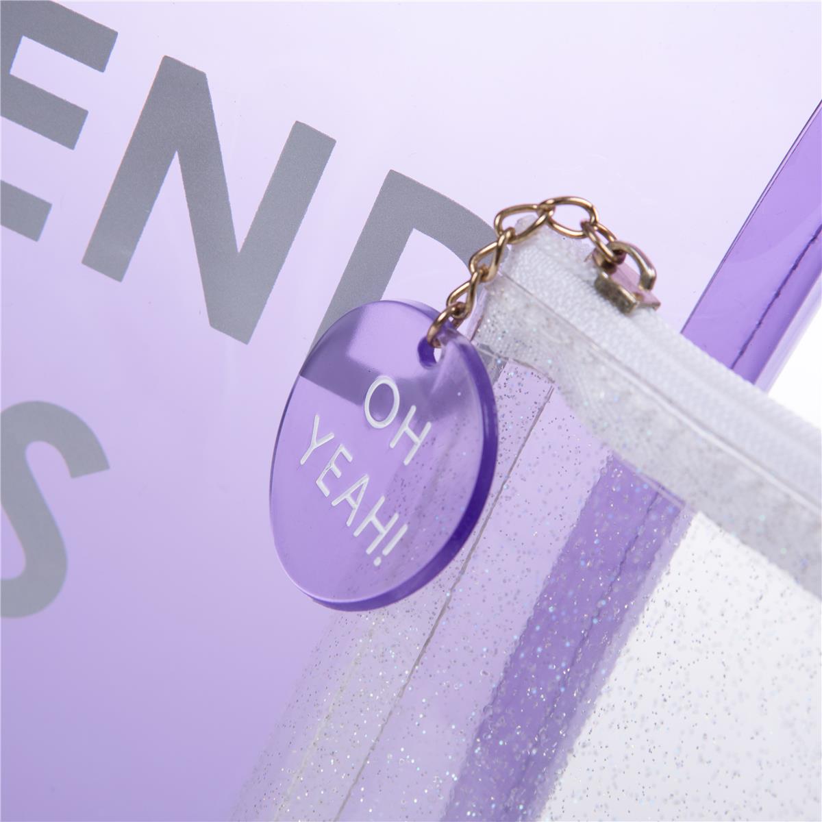 Set of two lavender transparent zipper pouches, one large and one small, featuring gold zippers and acrylic pulls.